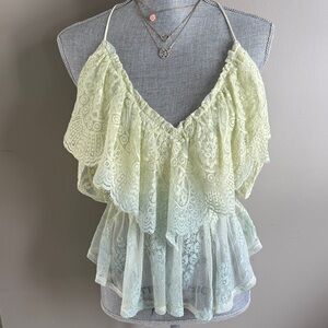Free People Elegant ombré green & yellow Lace Ruffle Top - size Small